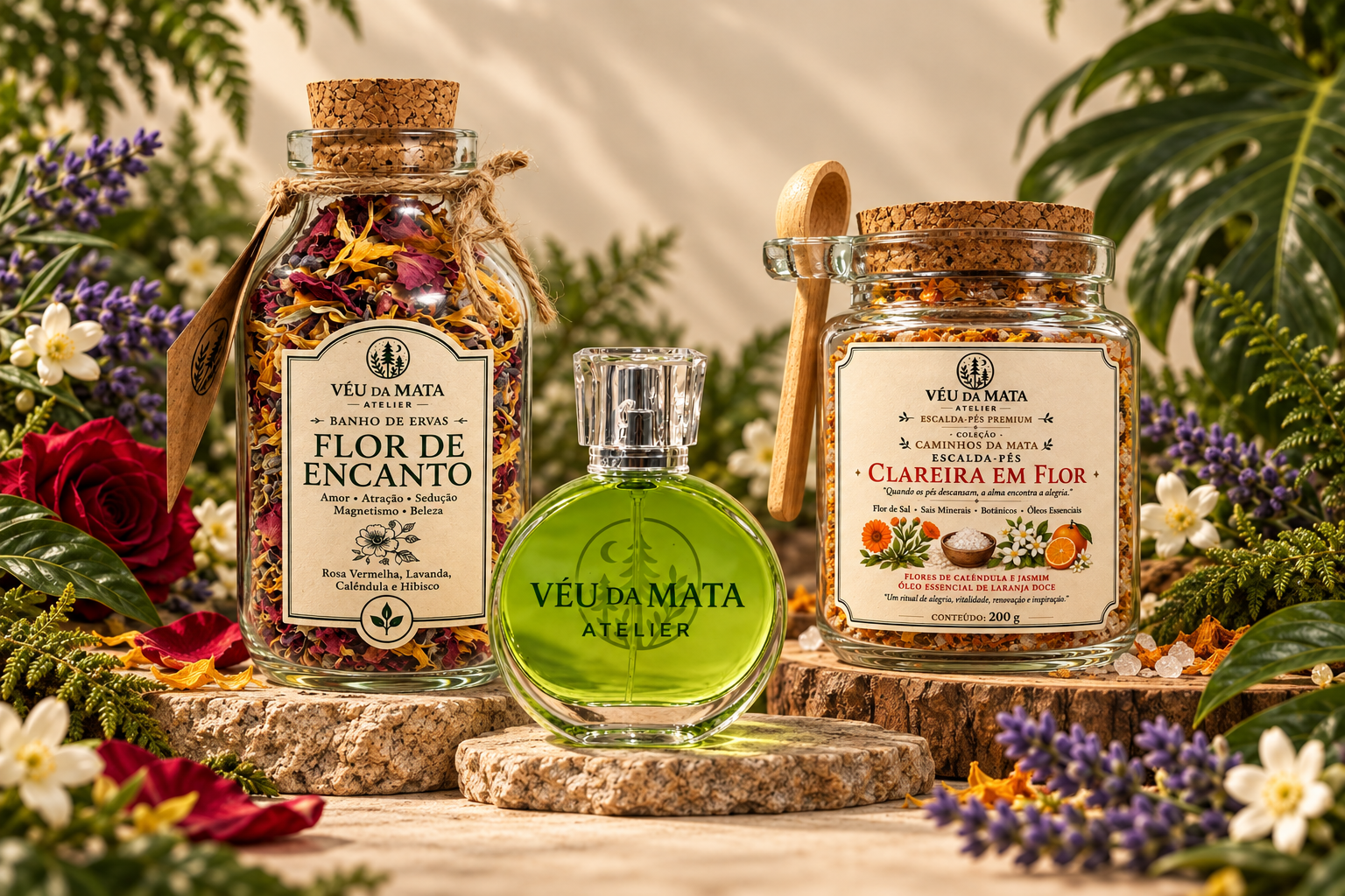 Flor de Encanto, perfume Seiva de Alfazema e escalda-pés Clareira em Flor entre flores e folhagens